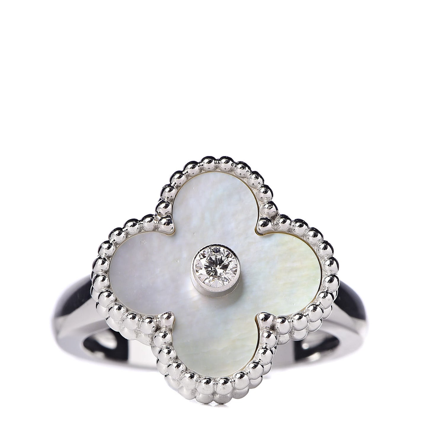 18K White Gold Diamond Mother of Pearl Vintage Alhambra Ring 50 5.25