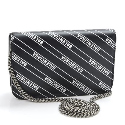 Balenciaga Matte Calfskin Diagonal Allover Logo Print B Wallet on Chain Black White 2 of 8