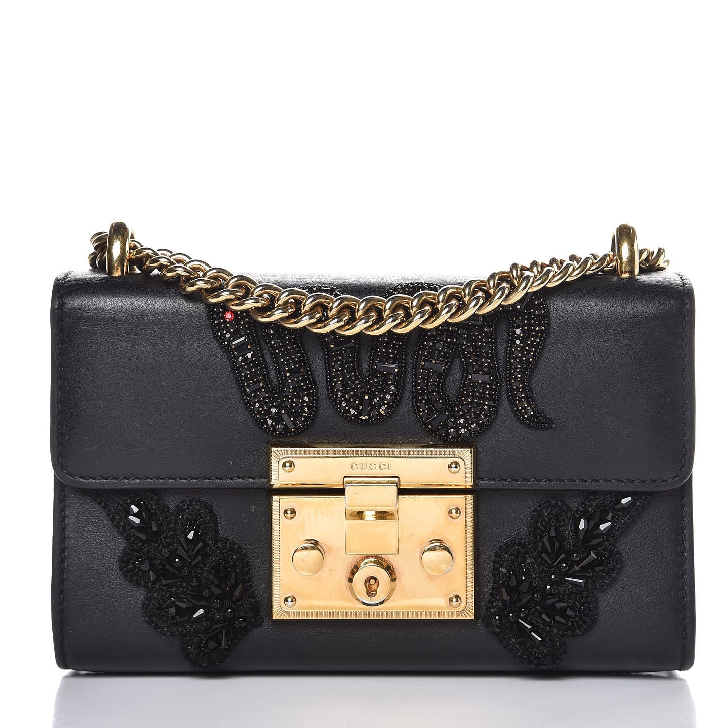 Calfskin Crystal Snake Embroidered Small Padlock Shoulder Bag Black