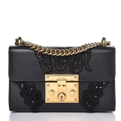 Gucci Calfskin Crystal Snake Embroidered Small Padlock Shoulder Bag Black 1 of 11