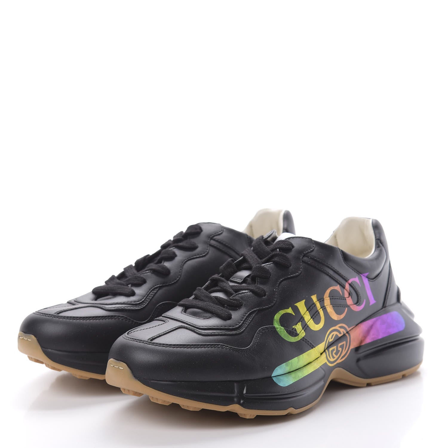 Gucci Calfskin Iridescent Logo Mens Rhyton Sneakers 7.5 Black 3 of 9