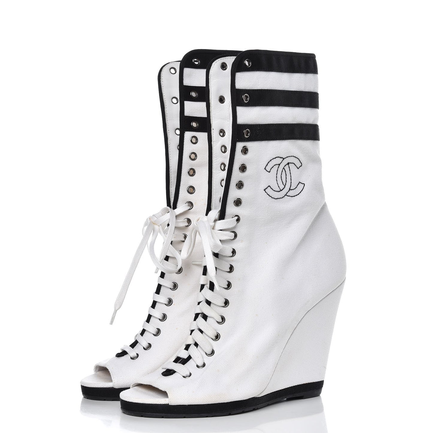 Canvas Lace Up Wedge Boots 37.5 White Black