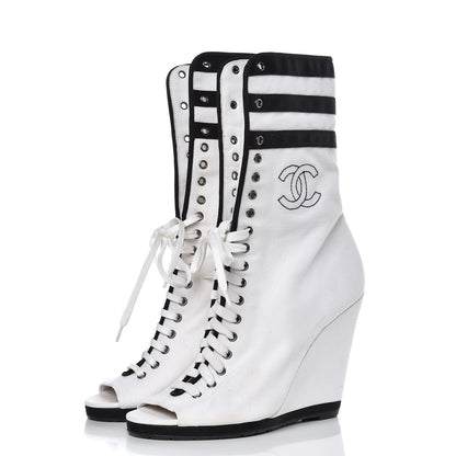 Chanel Canvas Lace Up Wedge Boots 37.5 White Black 3 of 13