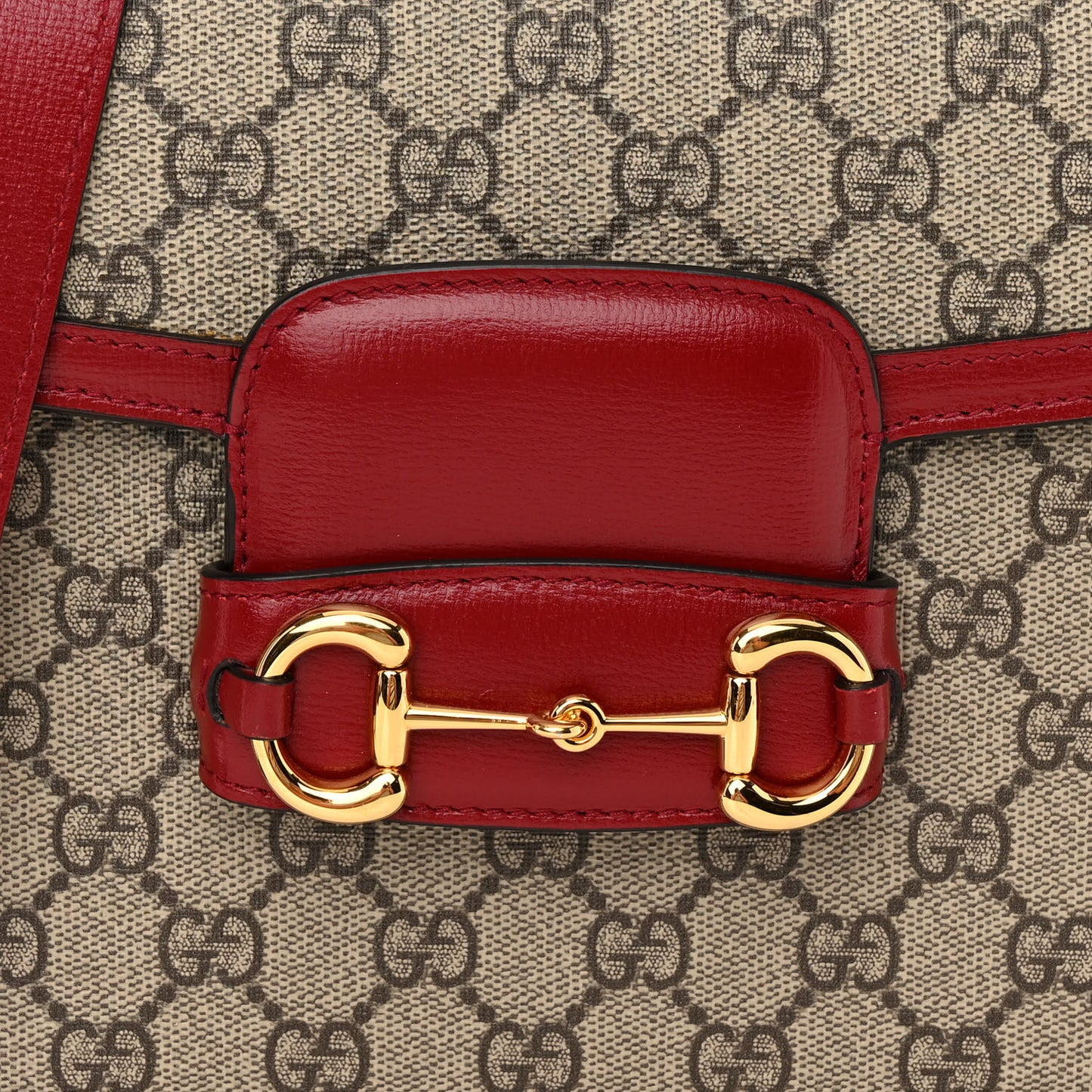 GG Supreme Monogram Azalea Calfskin Horsebit 1955 Shoulder Bag Beige Ebony New Cherry Red