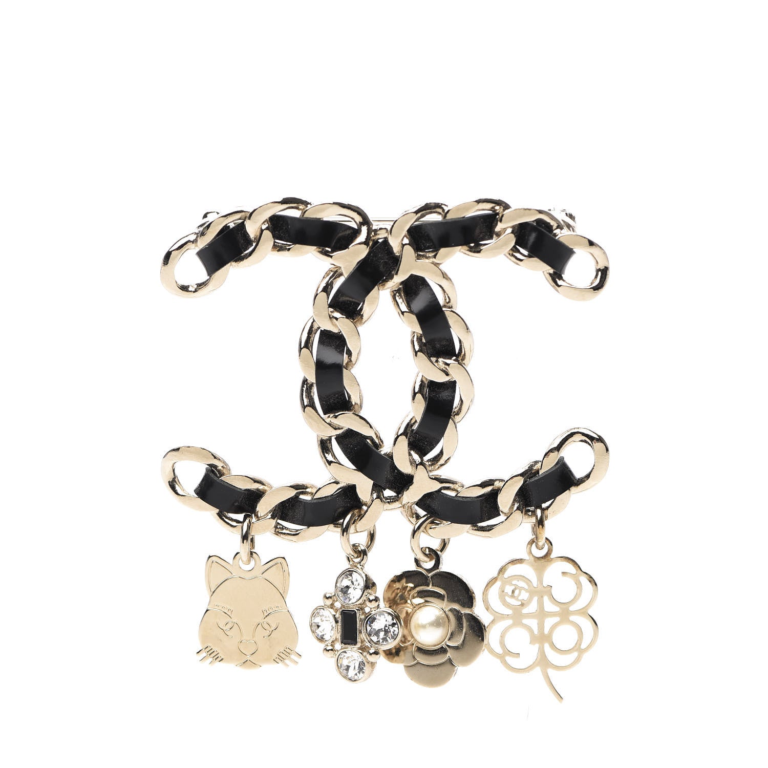 Chanel Lambskin Crystal Chain CC Charms Brooch Black Gold 1 of 4
