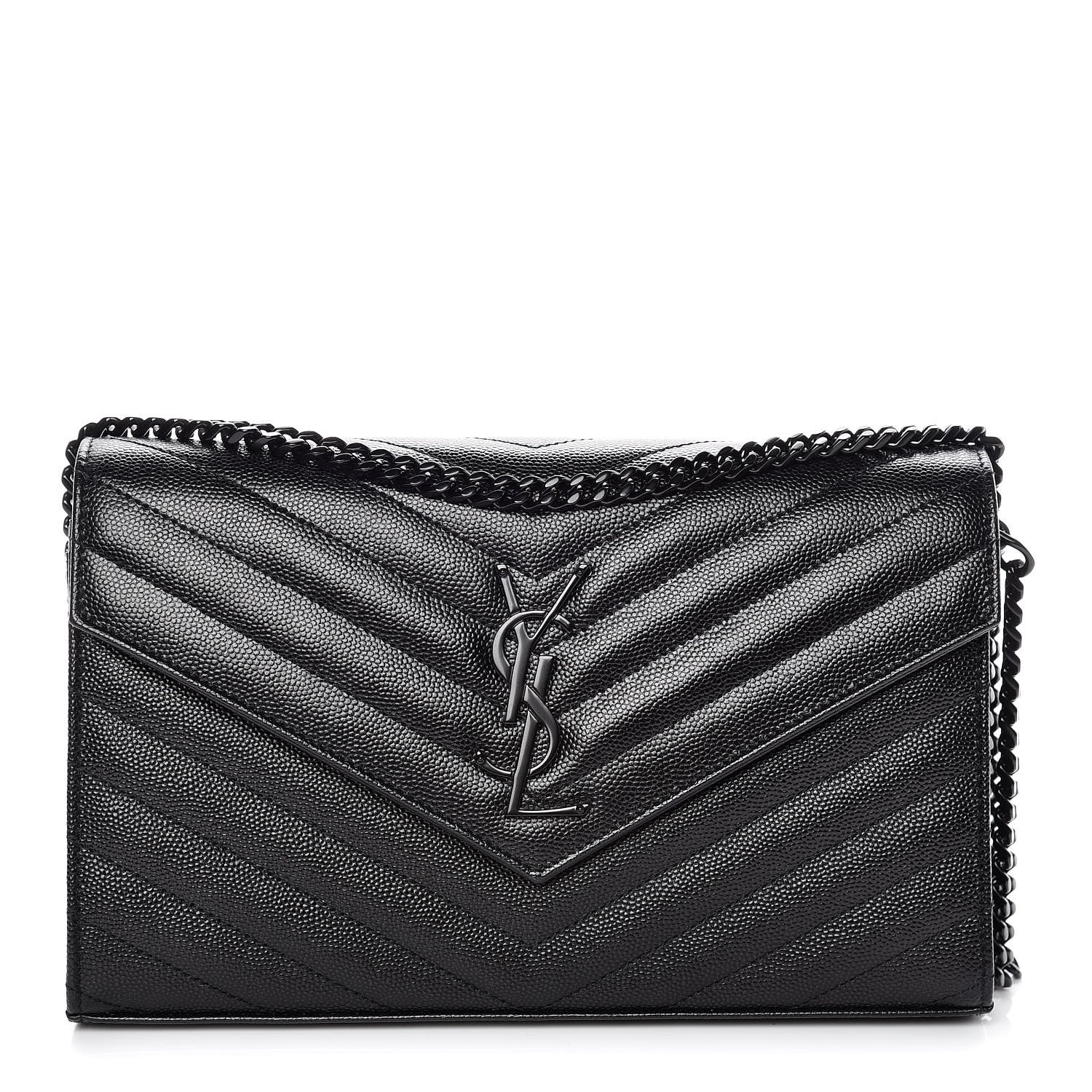 Saint Laurent Grain De Poudre Matelasse Chevron Monogram Chain Wallet Black 1 of 10
