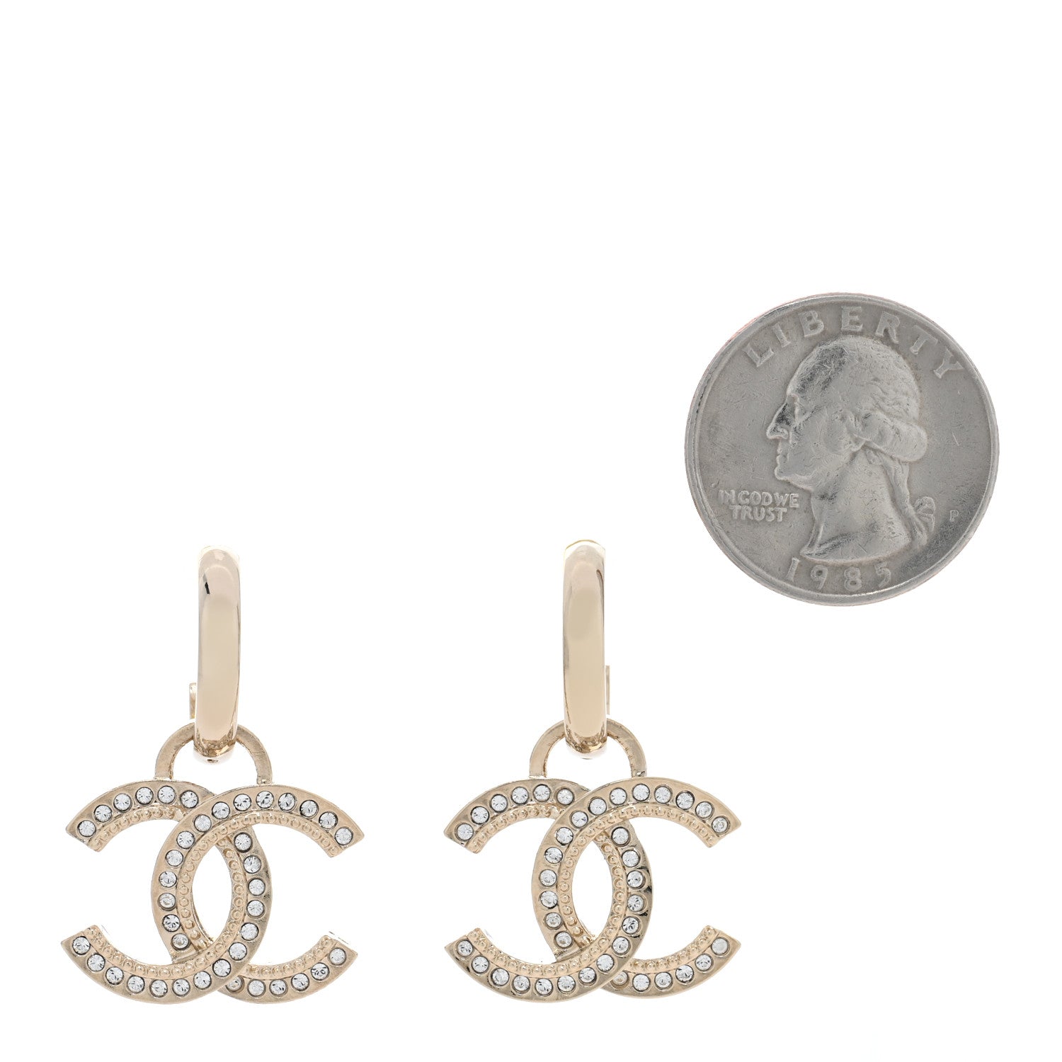 Chanel Metal Crystal Studded CC Hoop Drop Earrings Gold 2 of 5
