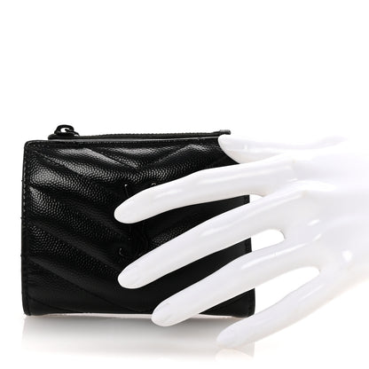 Saint Laurent Grain De Poudre Matelasse Chevron Monogram Zipped Card Case Black 2 of 7