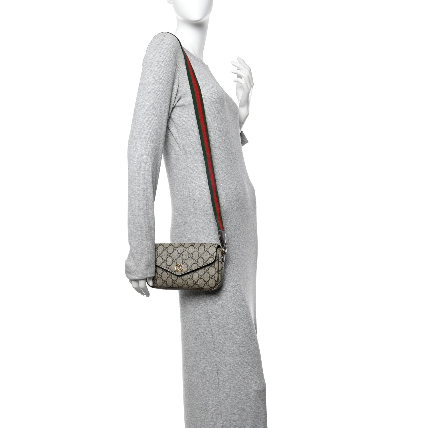 Gucci GG Supreme Monogram Textured Dollar Calfskin Web Mini Ophidia Envelope Shoulder Bag Beige Ebony New Acero 2 of 12