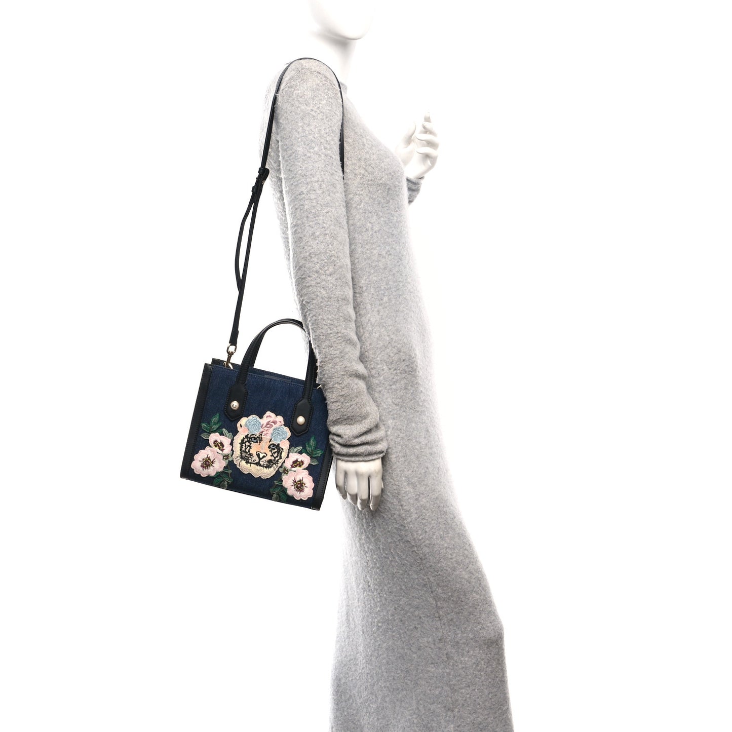 Denim Embroidered Tiger Tote Blue Multicolor