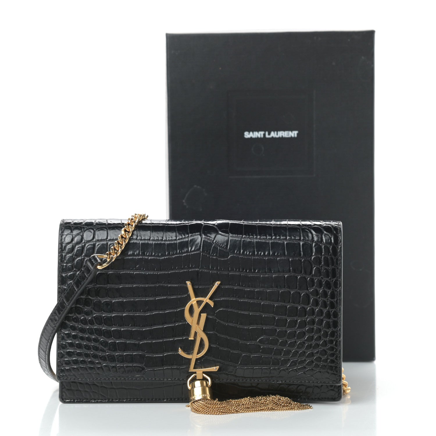 Saint Laurent Calfskin Crocodile Embossed Kate Monogram Tassel Chain Wallet Black 16 of 16