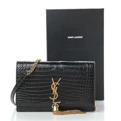 Saint Laurent Calfskin Crocodile Embossed Kate Monogram Tassel Chain Wallet Black 16 of 16