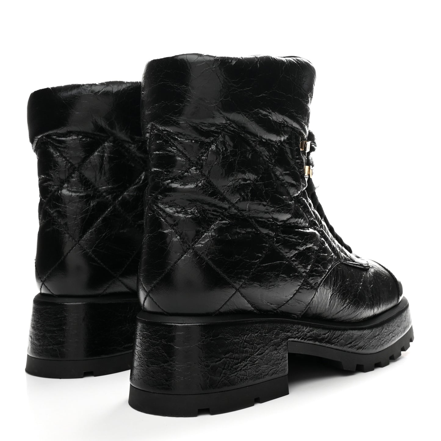 Crumpled Patent Lambskin Calfskin Quilted Lace Up Combat Boots 40.5 Black