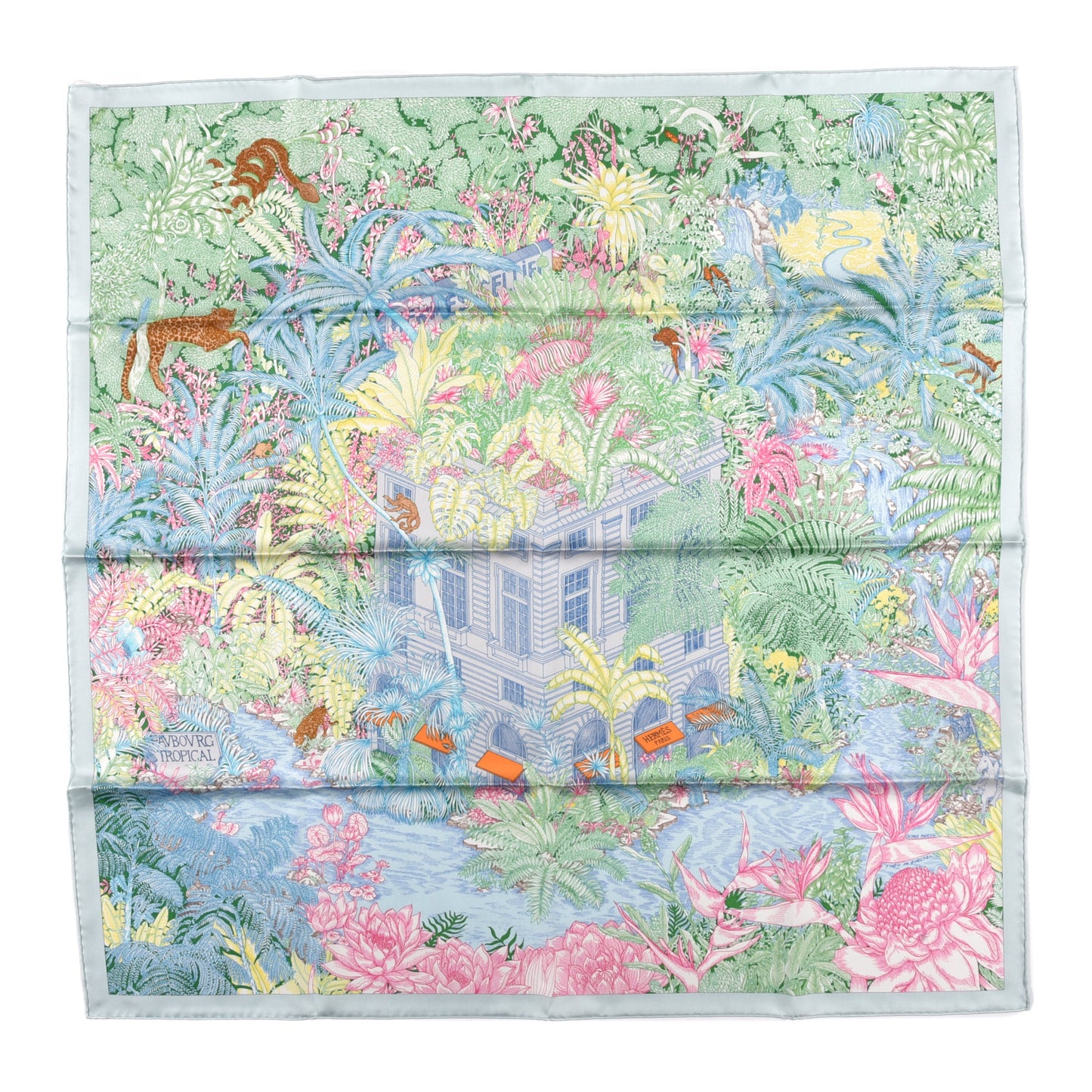 Silk Twill Faubourg Tropical Scarf 90 Bleu Vert Jaune