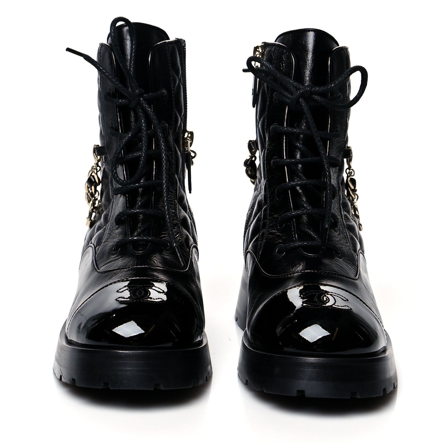 Shiny Calfskin Patent Quilted Chain Lace Up Combat Boots 39 Black