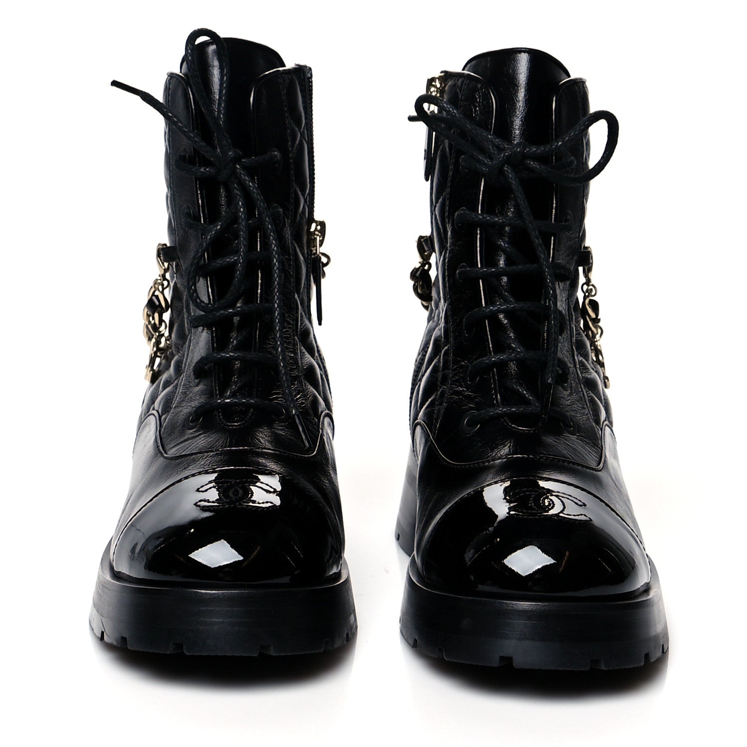 Chanel Shiny Calfskin Patent Quilted Chain Lace Up Combat Boots 39 Black 2 of 7