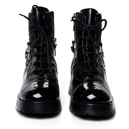 Chanel Shiny Calfskin Patent Quilted Chain Lace Up Combat Boots 39 Black 2 of 7