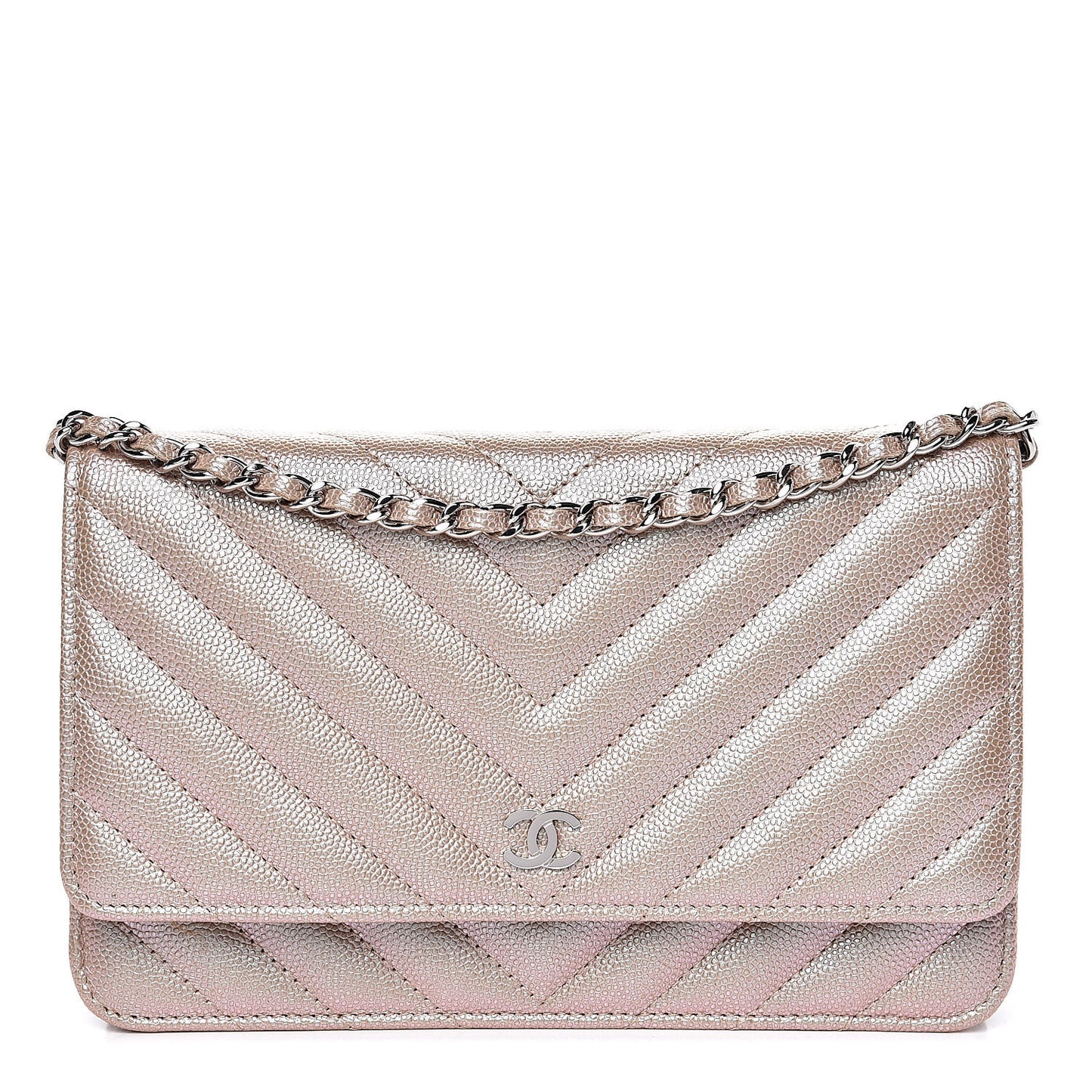 Metallic Caviar Chevron Quilted Wallet On Chain WOC Light Gold