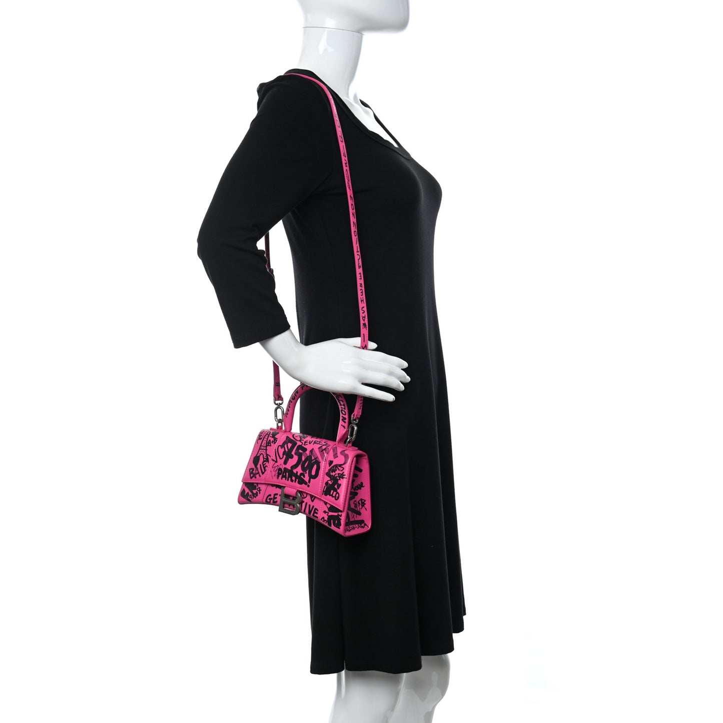 Smooth Calfskin Graffiti Hourglass Top Handle Bag XS Acid Fuchsia Black