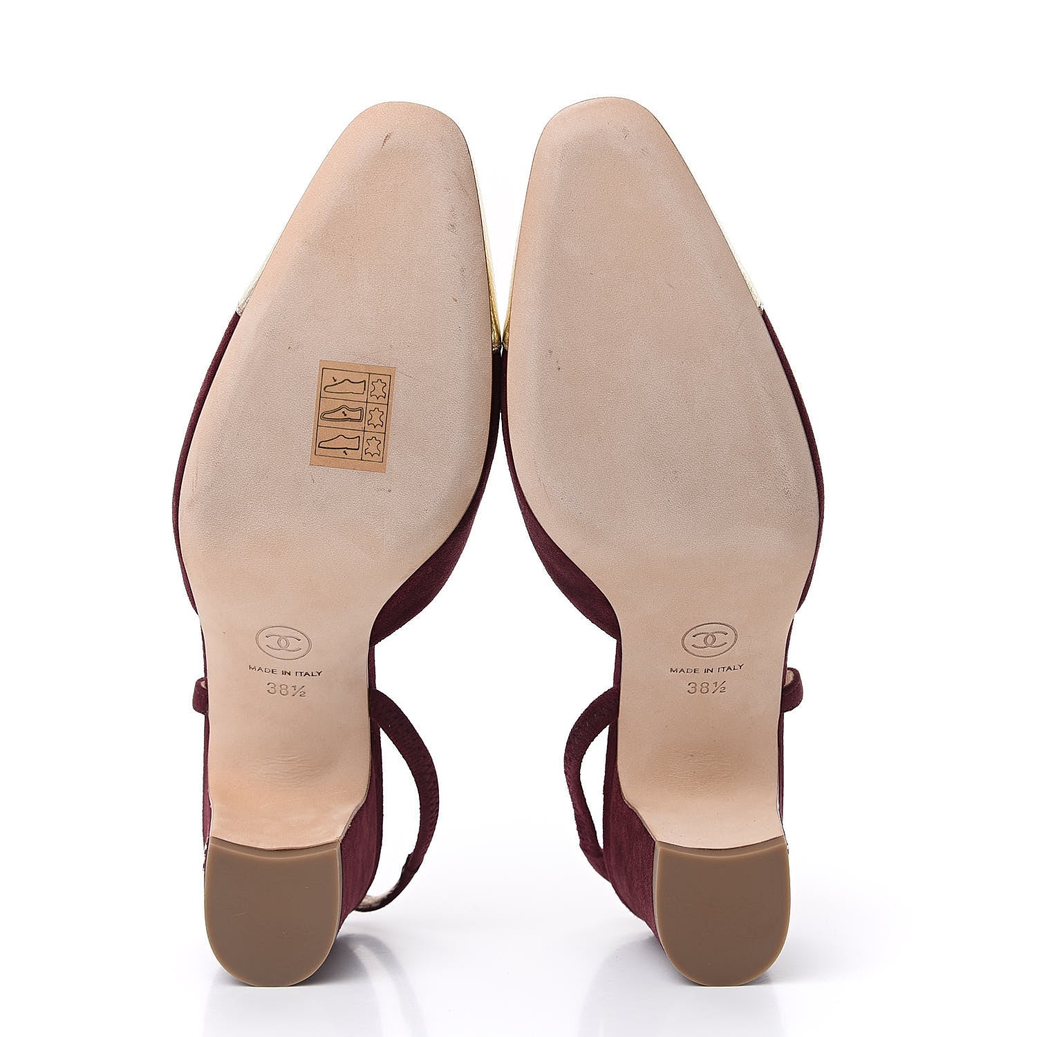 Chanel Kid Suede Metallic Lambskin Cap Toe CC Slingback Pumps 38.5 Burgundy Gold 5 of 9