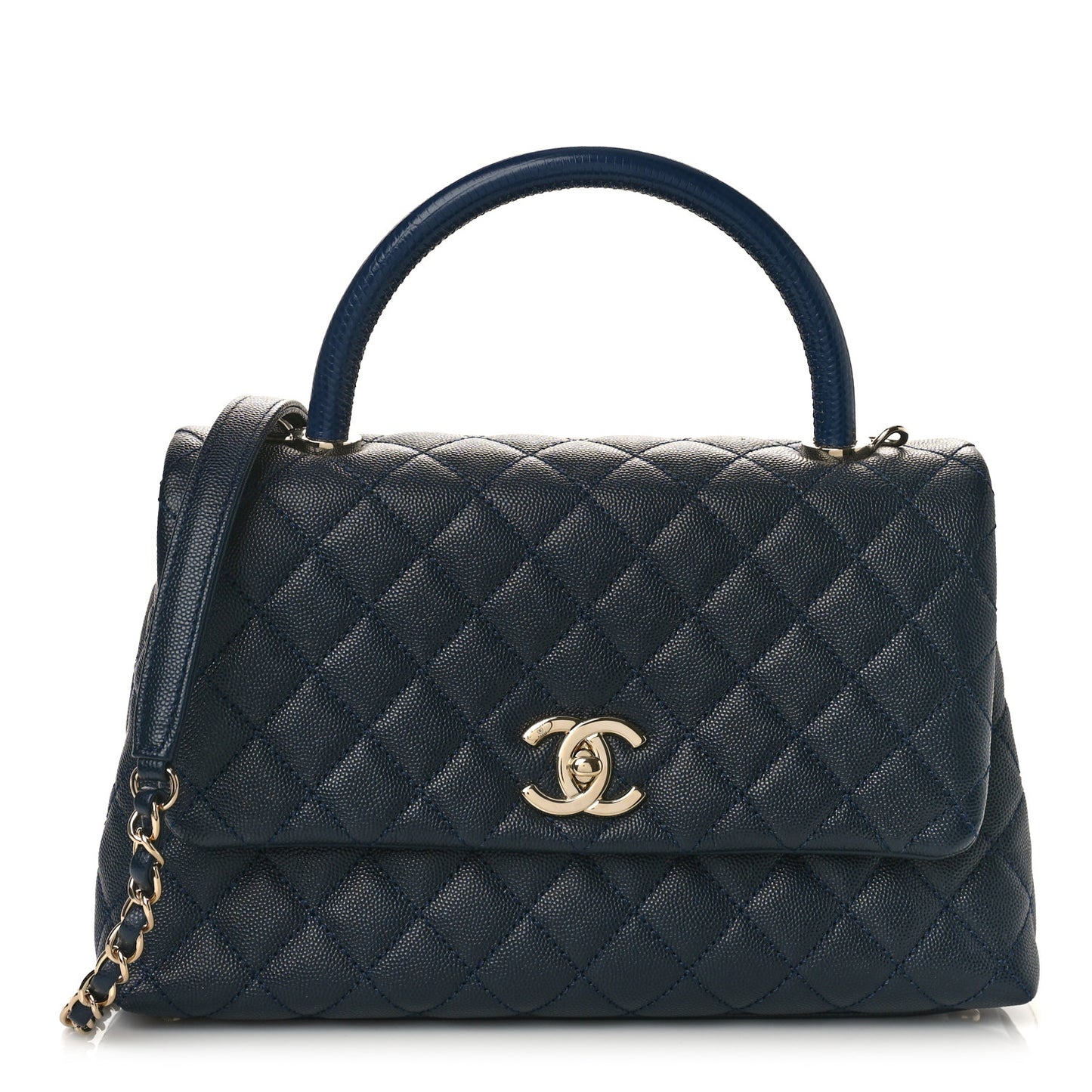 Caviar Lizard Embossed Quilted Small Coco Handle Flap Navy Blue