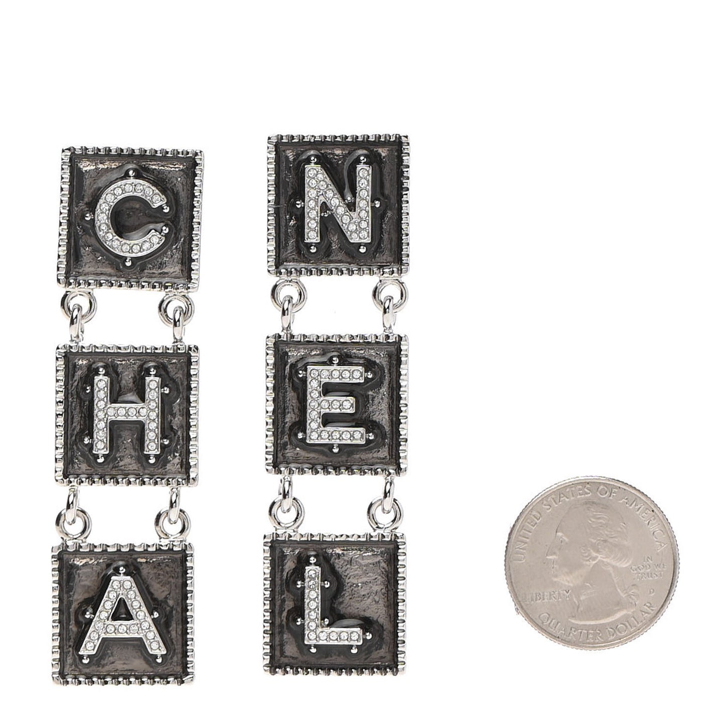 Metal Crystal Cha-Nel Logo Drop Earrings Silver
