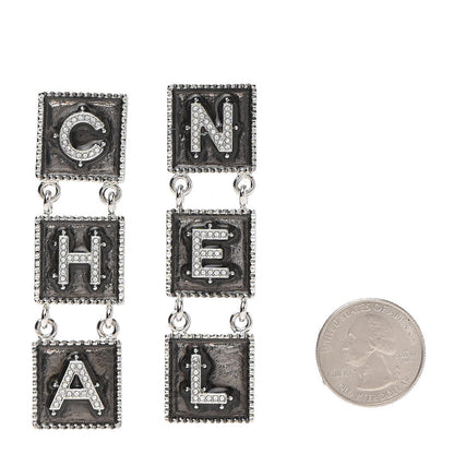 Chanel Metal Crystal Cha-Nel Logo Drop Earrings Silver 2 of 4