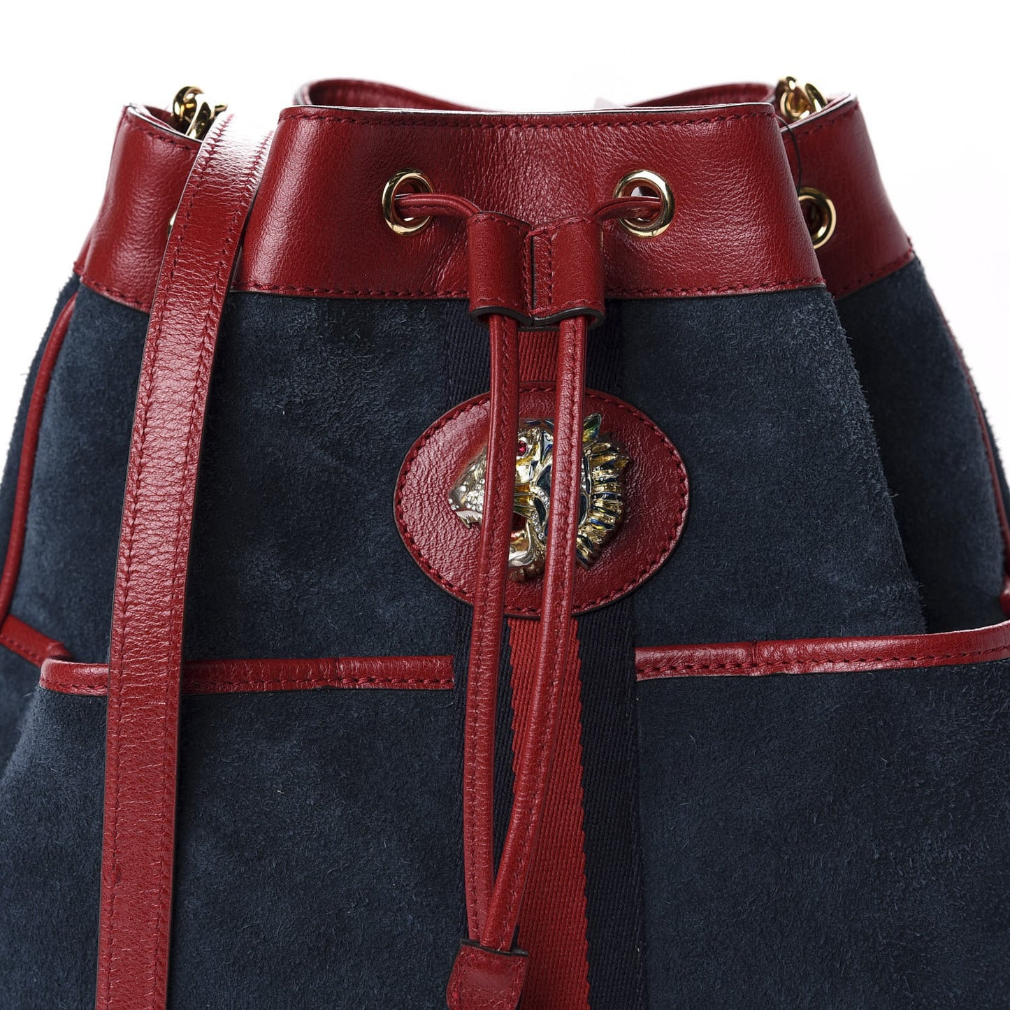 Suede Calfskin Web Medium Rajah Bucket Bag New Blue Romantic Cherry