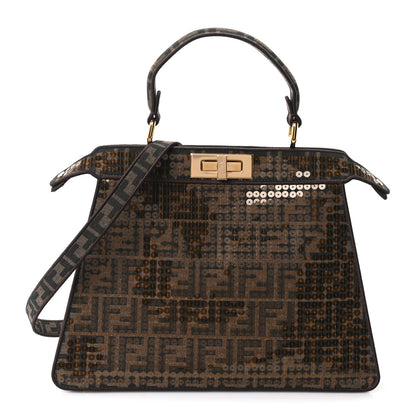 Fendi Fabric Jacquard Paillettes Vitello Seta FF 1974 Medium Peekaboo I SEE U Satchel Tobacco Moro 1 of 9