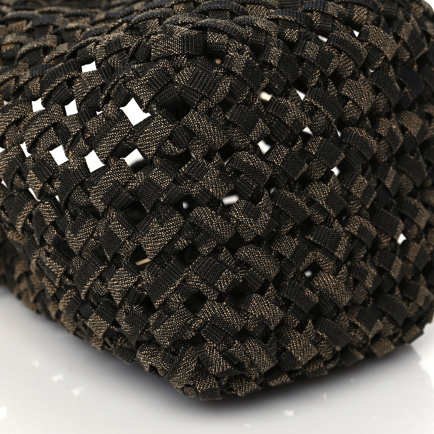 Fabric Jacquard F is Fendi FF 1974 Woven Knotted Mini Mon Tresor Bucket Bag Tabacco Moro