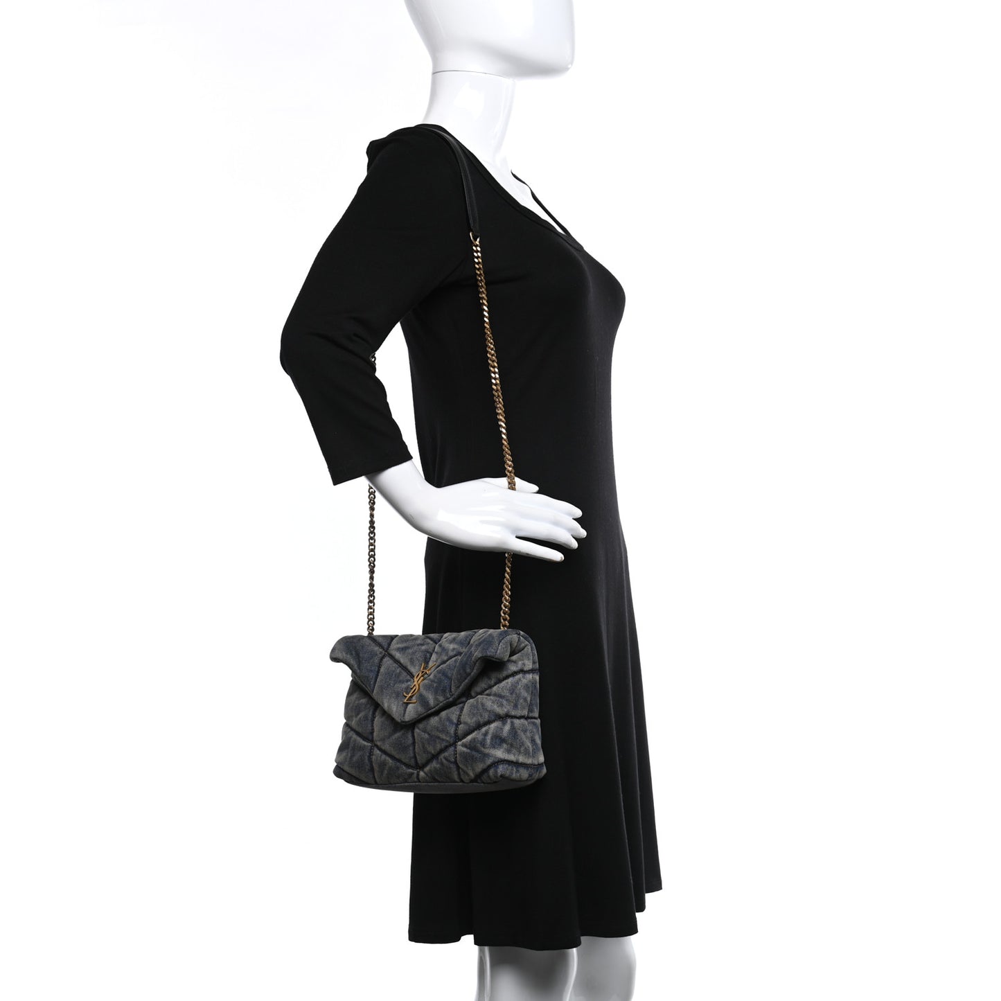 Denim Quilted Toy Loulou Puffer Monogram Chain Satchel Blue Black