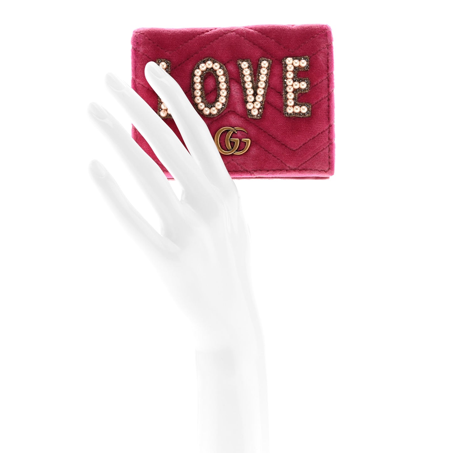 Velvet Matelasse Pearl Love Embroidered GG Marmont Card Case Wallet Light Raspberry Rose