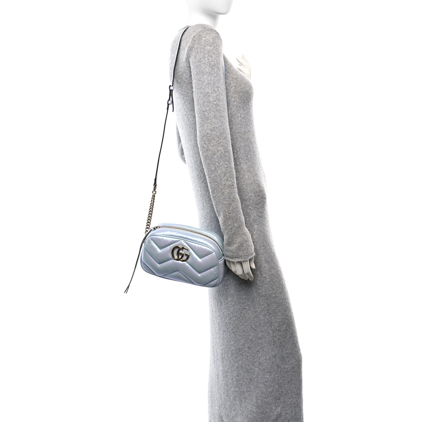 Iridescent Nappa Chevron Matelasse Small GG Marmont Chain Shoulder Bag Iridescent Snow Light Blue