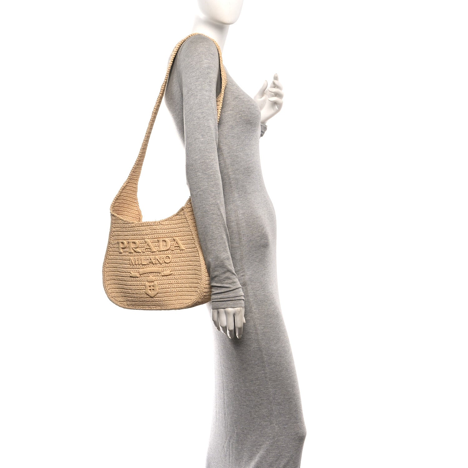Prada Yarn Raffia Effect Crochet Embroidered Logo Hobo Naturale 2 of 10