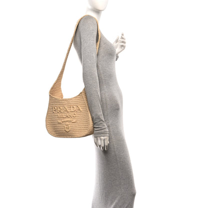 Prada Yarn Raffia Effect Crochet Embroidered Logo Hobo Naturale 2 of 10
