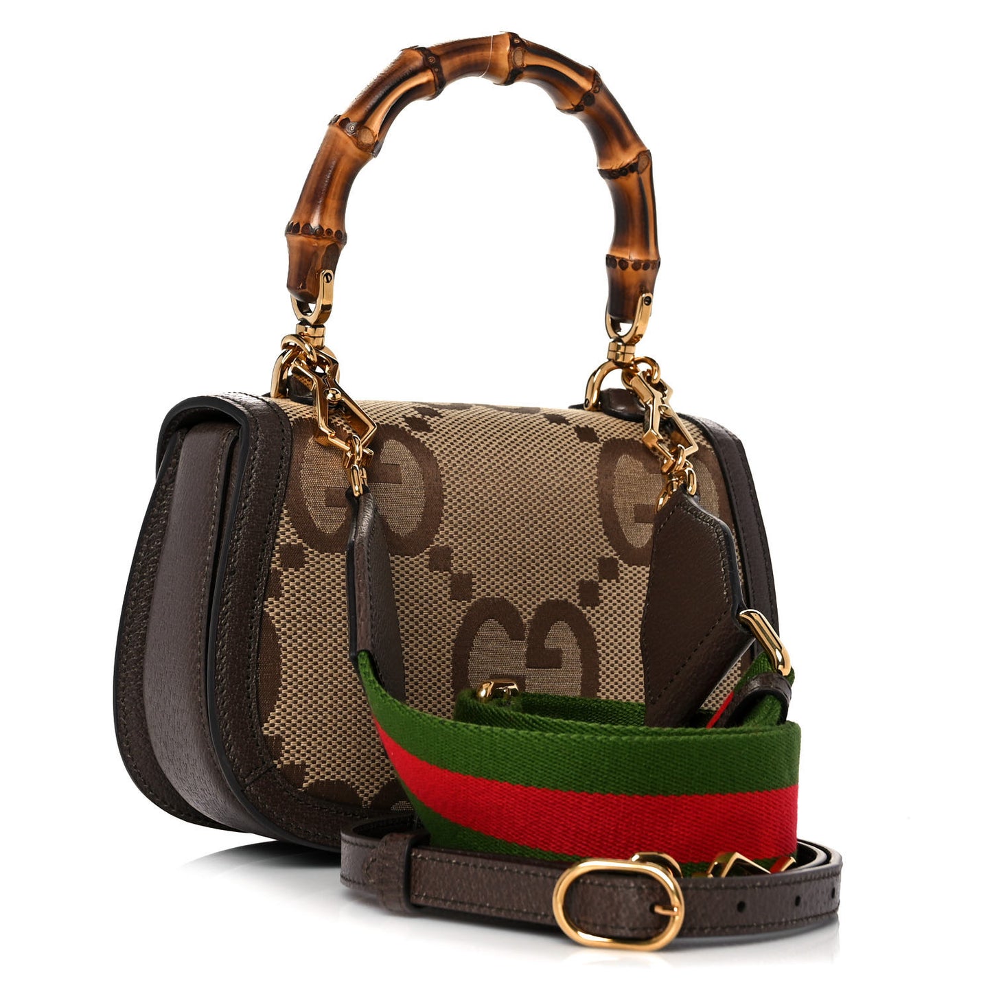 Monogram Jumbo GG Textured Dollar Calfskin Web Small Bamboo 1947 Top Handle Bag Camel Ebony New Acero