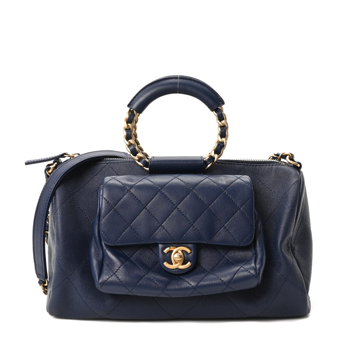 Grained Calfskin Lambskin Quilted Large Bowling Bag Blue
