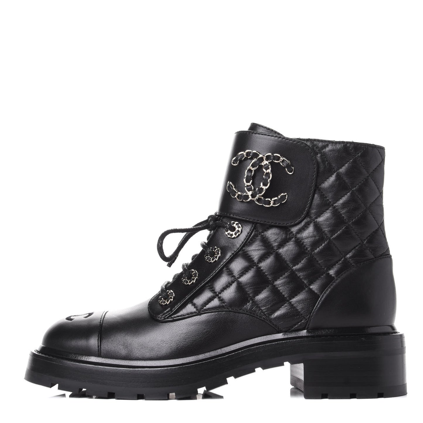 Shiny Lambskin Quilted Lace Up Combat Boots 39 Black