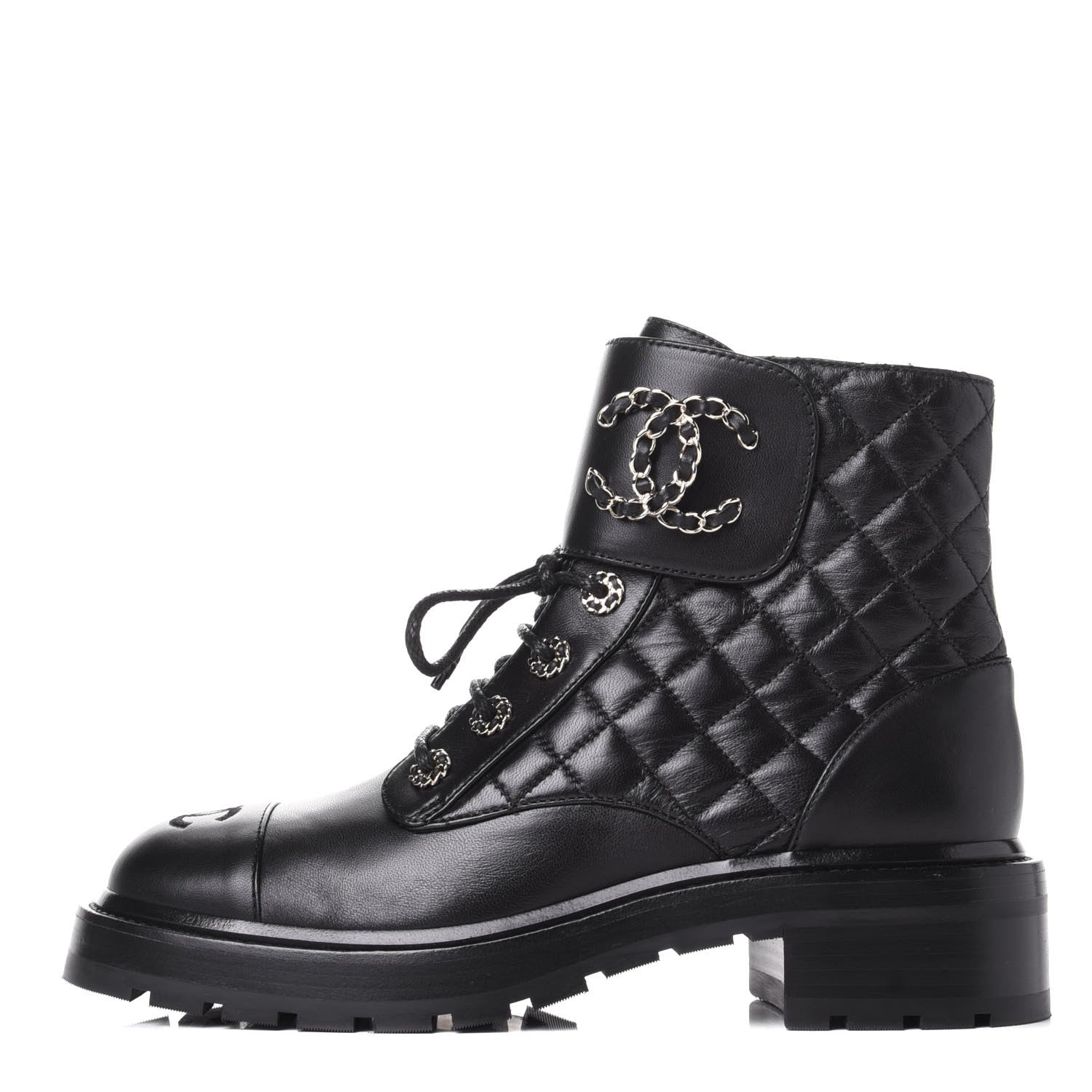 Chanel Shiny Lambskin Quilted Lace Up Combat Boots 39 Black 1 of 11