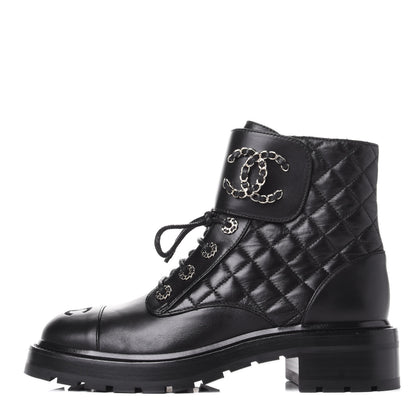 Chanel Shiny Lambskin Quilted Lace Up Combat Boots 39 Black 1 of 11