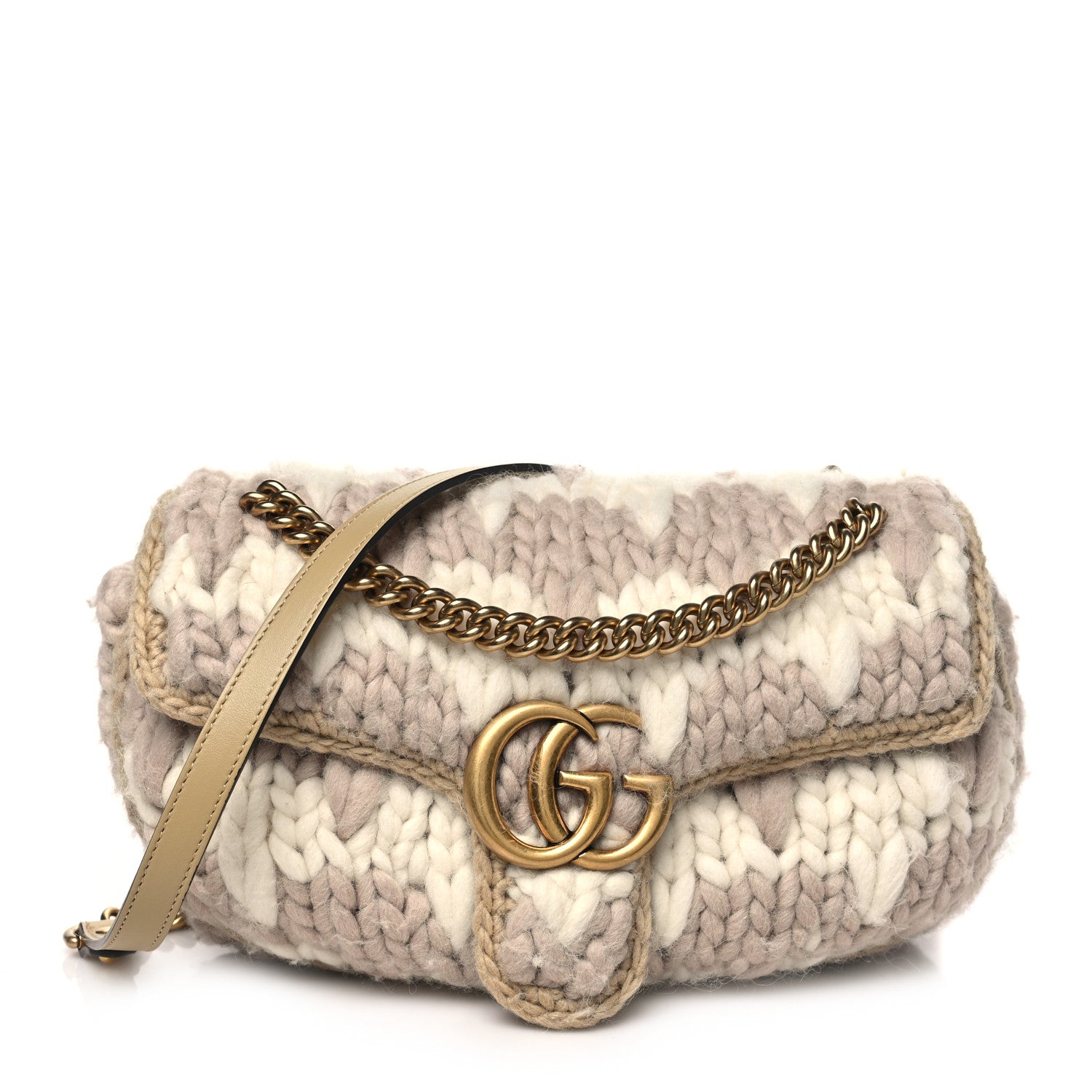 Gucci Wool Houndstooth Woven Small GG Marmont Shoulder Bag Beige White Sand 1 of 10