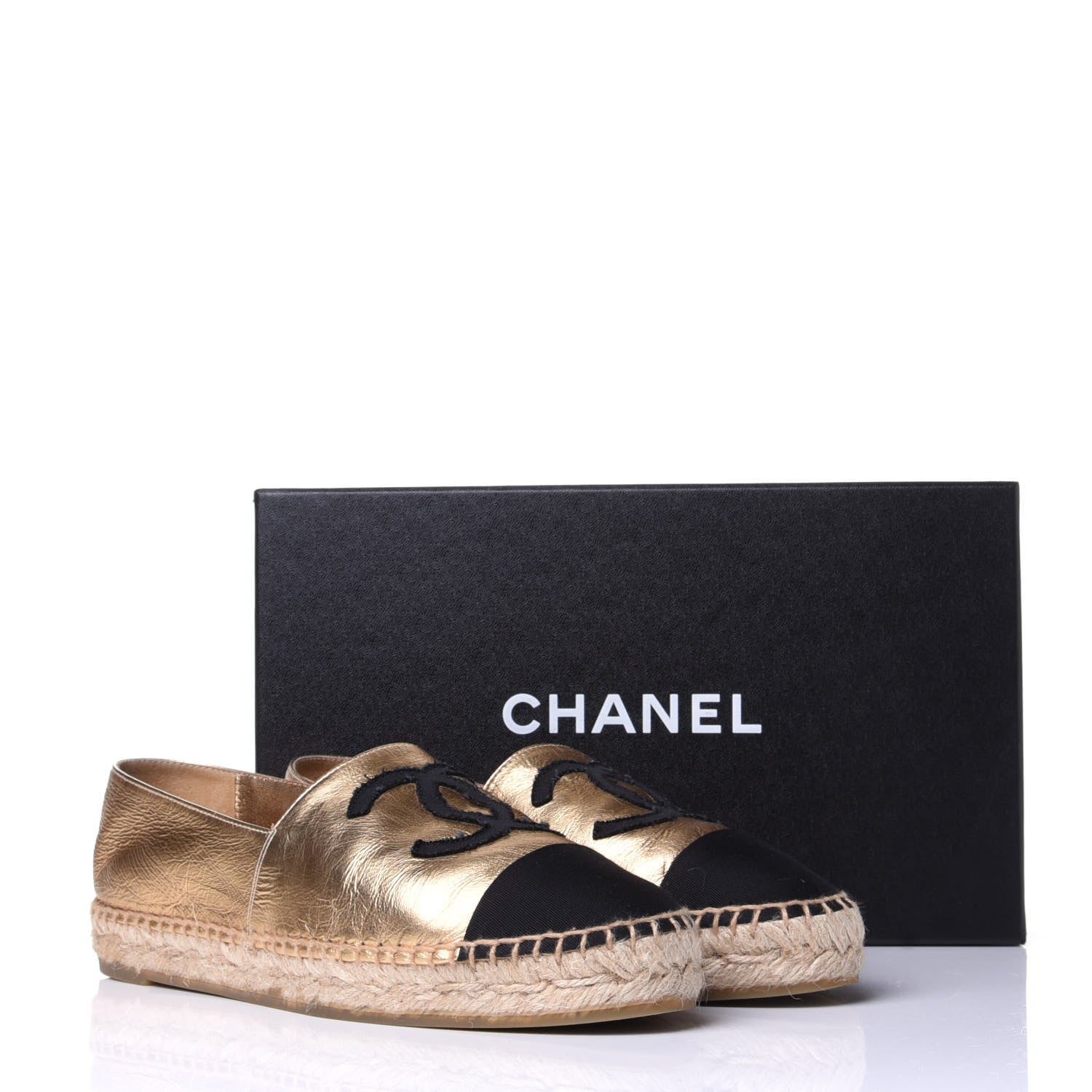 Chanel Laminated Lambskin Grosgrain CC Espadrilles 38 Gold Black 11 of 11