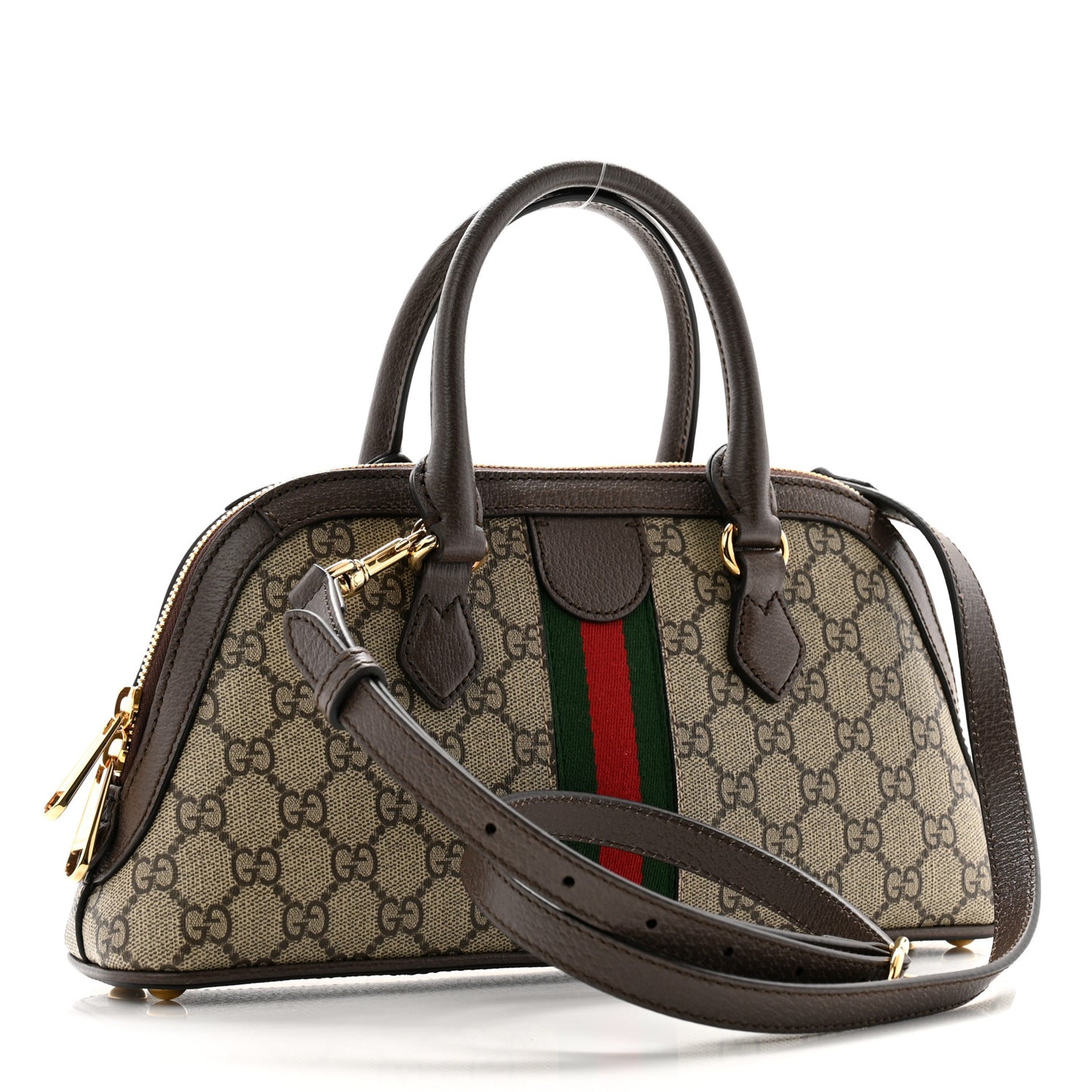 GG Supreme Monogram Textured Dollar Calfskin Web Medium Ophidia Top Handle Bowler Bag Beige Ebony New Acero