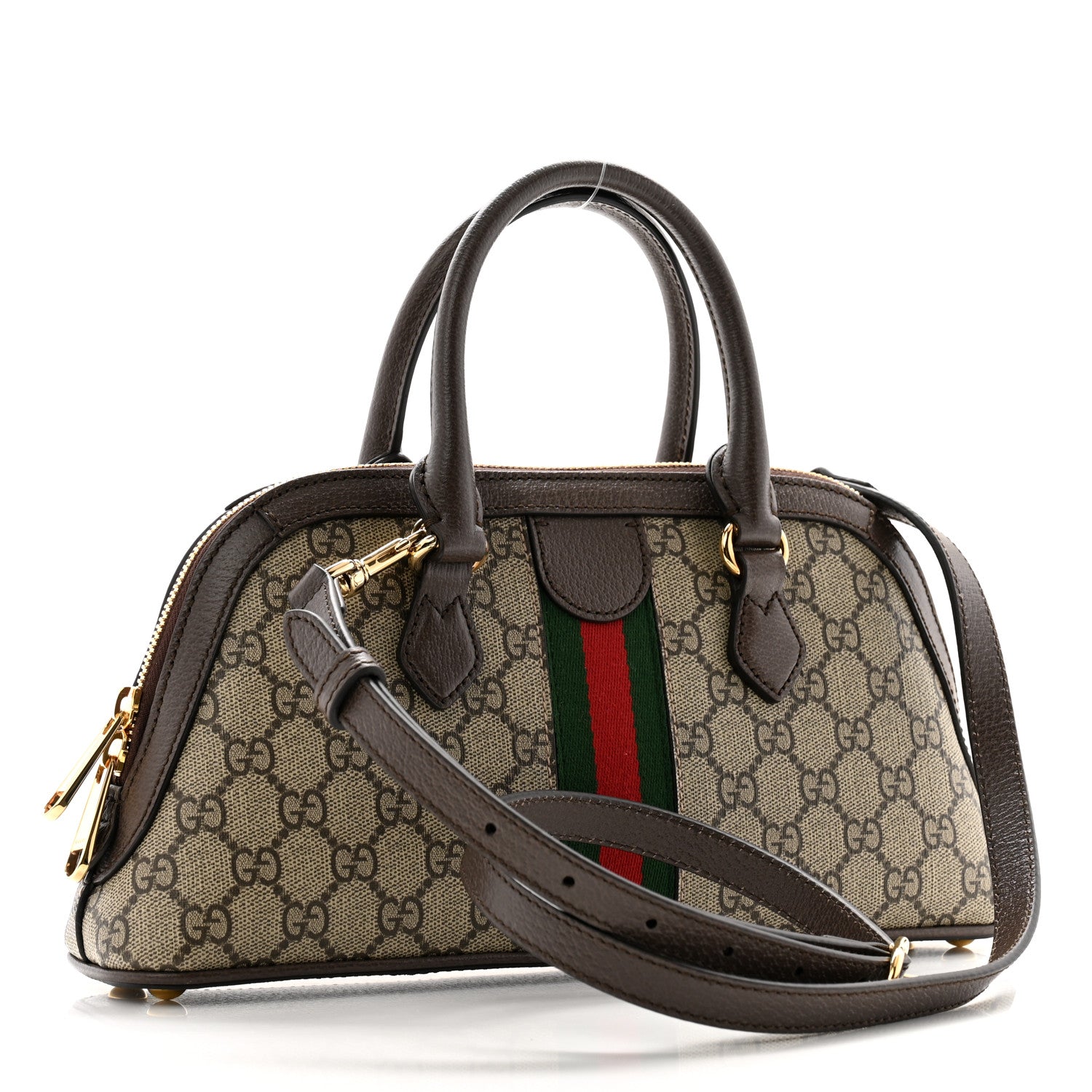 Gucci GG Supreme Monogram Textured Dollar Calfskin Web Medium Ophidia Top Handle Bowler Bag Beige Ebony New Acero 3 of 10