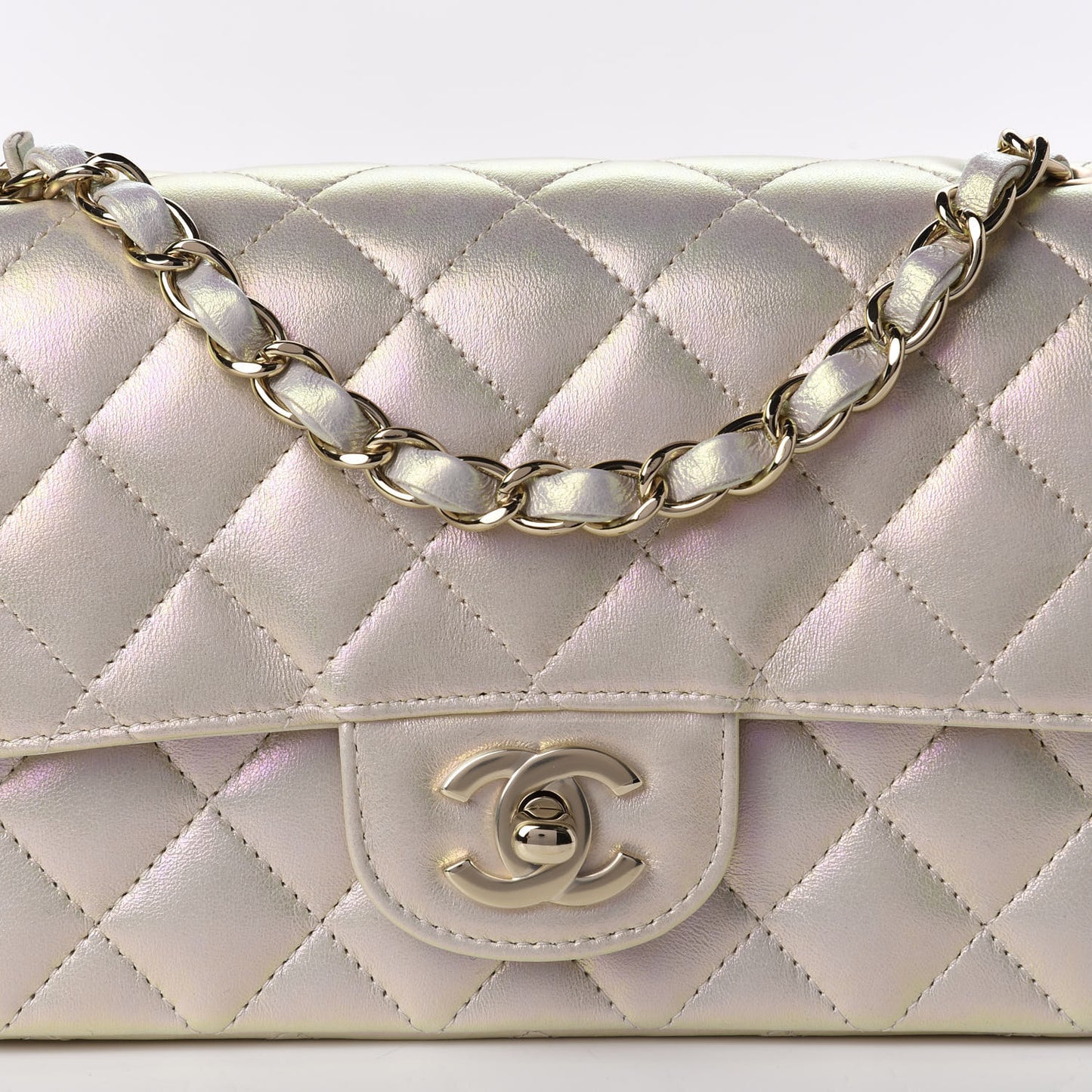 Iridescent Lambskin Quilted Mini Rectangular Flap Ivory