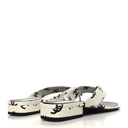 Chanel Lambskin Printed CC Thong Sandals 38 White Black 4 of 9
