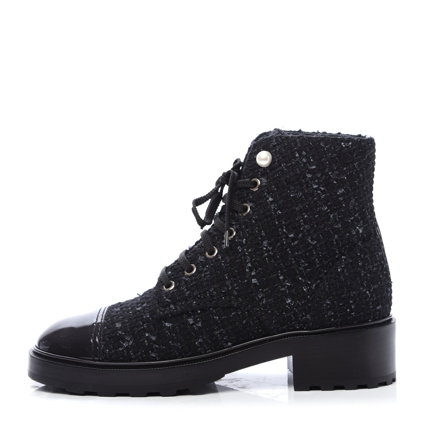Tweed Patent Calfskin Pearl Combat Short Boots 40 Black Grey Blue