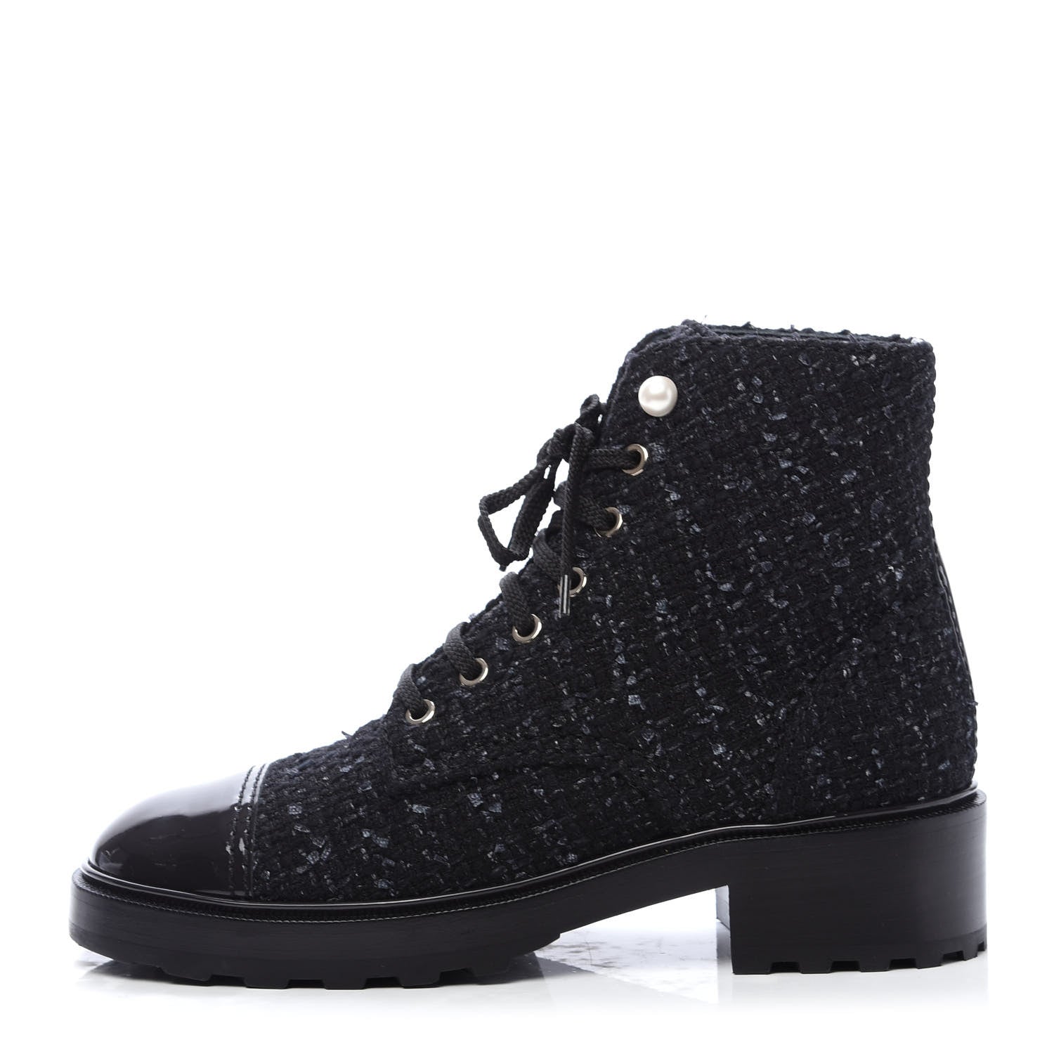 Chanel Tweed Patent Calfskin Pearl Combat Short Boots 40 Black Grey Blue 1 of 9