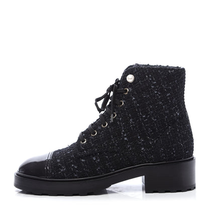 Chanel Tweed Patent Calfskin Pearl Combat Short Boots 40 Black Grey Blue 1 of 9
