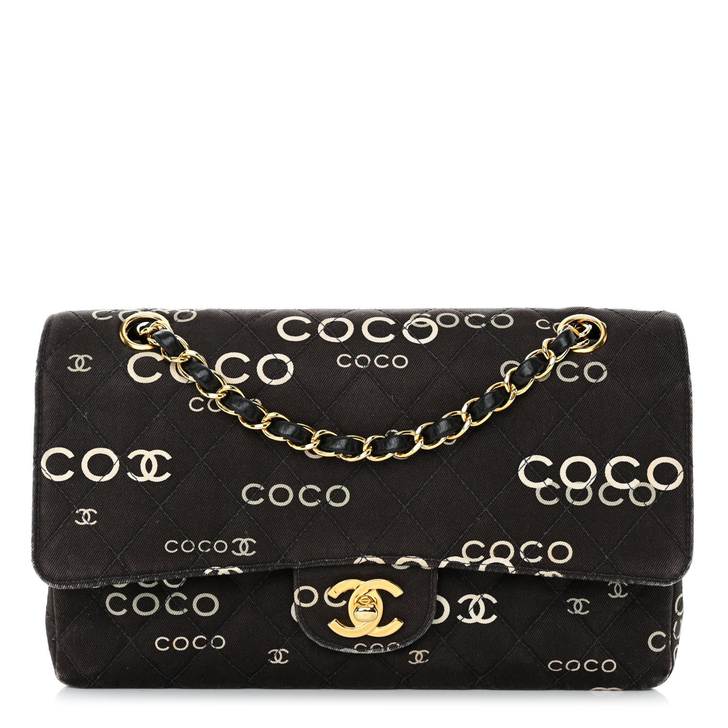 Chanel Canvas Coco Printed Quilted Medium Double Flap Black White 1 of 12